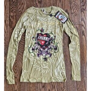 VTG Y2K Ed Hardy Women’s Skull Tattoo Love Rhinestone Longsleeve Shirt Sz XS NEW